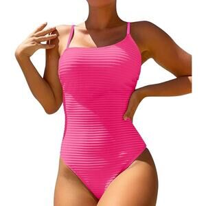 [Hot Pink] Ribbed Textured Asymmetrical Strap One Piece Cheeky Swimsuit Sz Large